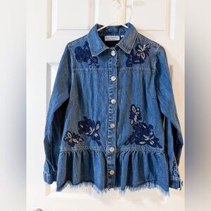 Embroidered Denim Jacket with Floral Design and Distressed Hem,Size M, ptp 20.5”
